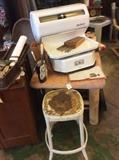 Vintage porcelain scales, 1950s metal kitchen stool. 
