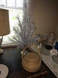 vintage 2' aluminum Christmas tree w/box & Charleston basket