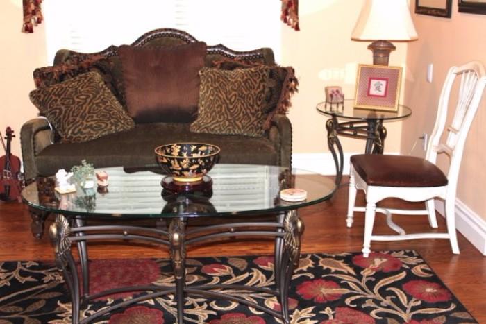Rug, Settee, Coffee Table, Chair, Round Side Table, Decorative, & Lamp