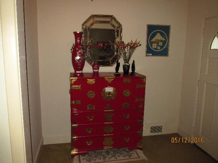 ASIAN SECRETARY, RED WITH BRASS, WITH STORAGE DRAWERS ON BOTTOM, TOP FOLDS OUT FOR SECRETARY DESK