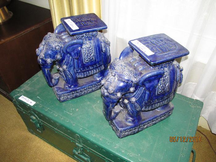 ARMY TRUNK, BLUE POTTERY ASIAN ELEPHANTS PLANT STANDS