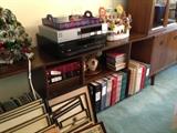 Shelving unit, vintage stereo equipment.