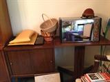 Record cabinet, small table, breadbox.