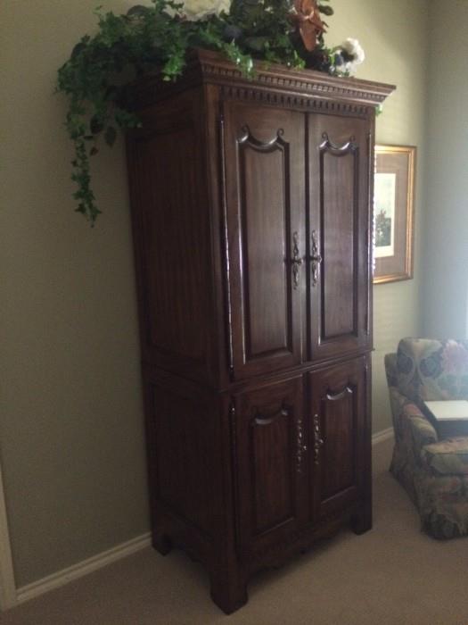 Formal Mt. Airy armoire; one of two club chairs