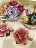 Capodimonte rose bouquet, tulip arrangement, and rose candle holders
