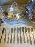 Silver plate butter knives & covered serving bowl