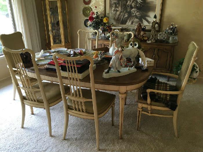 MId century dining table, 6 chairs and 3 leaves.