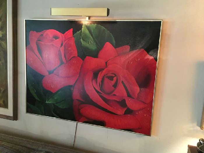 Huge oil painting of " Roses" by Illene Lussier, Laguna artist.