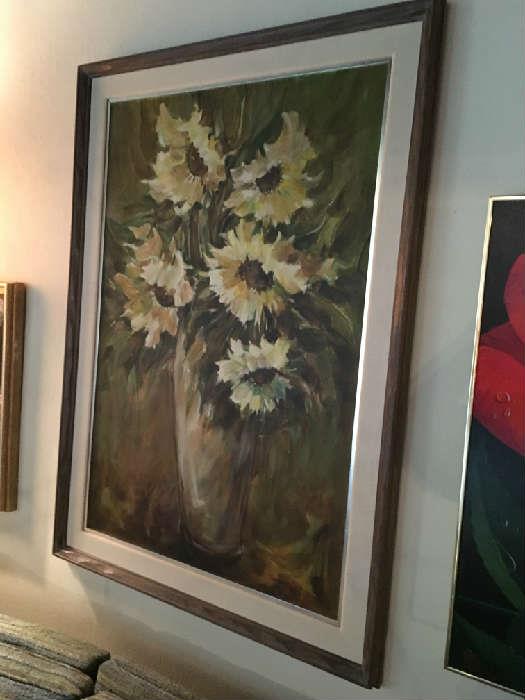 Huge oil painting of Sun Flowers, signed.
