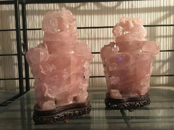 Republic period. Chinese Rose Quartz Urns with Phoenix Bird stoppers and roses relief.