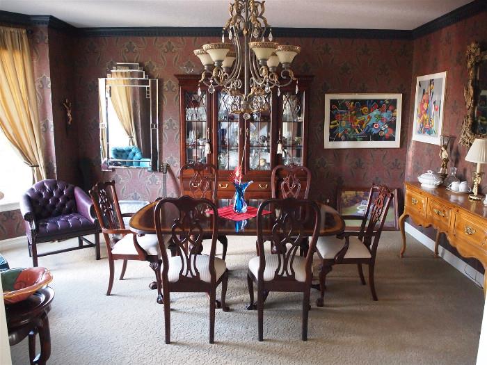 Ethan Allen Dining table w/leaf $1,200, 6 Ethan Allen chairs $1,200, Ethan Allen Mahogany Breakfront $1,200, Pine QA style sideboard $550.00