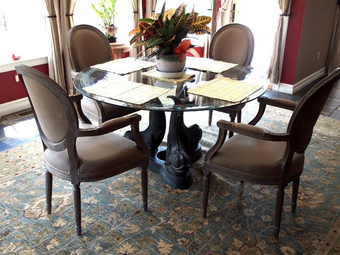 Bronze & Glass Dolphin table $950.-, 4 Louis XVI style chairs $795.-
