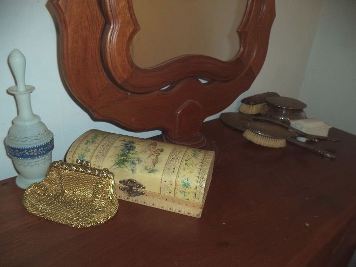 Celluloid Glove Box, Satin Perfume & Sterling Dresser Set
