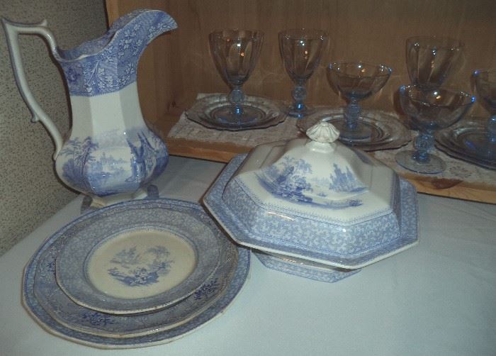 Early Ironstone Transferware, Sapphire Blue Optic Glass Stems & Plates