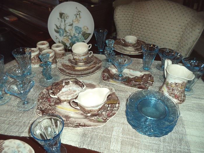 Fostoria Azure Baroque Stemware, Plates, Candlesticks & Johnson Bros Olde English Countryside Dinnerware