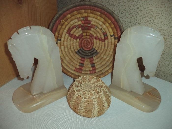 Hopi Kachina Plaque/Basket, Marble Horse Bookends & Sweetgrass Basket