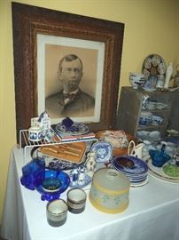 Ornate Frame, Cobalt Glassware, B&G Plates, Blue Delft