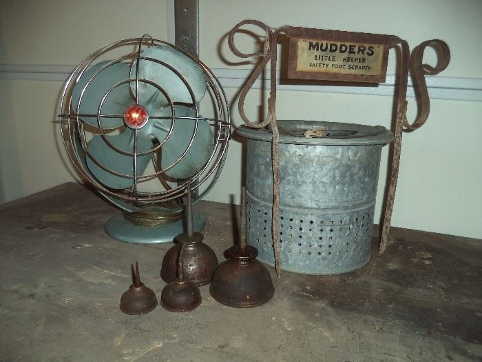 Mudders Boot Scraper, Oil Cans, Vintage General Electric Fan and Minnow Bucket