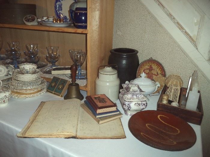 19th c. Mulberry Transferware Sugar & Redware Slip Plate, Old Ledger, Brass Bell, Stoneware Crocks