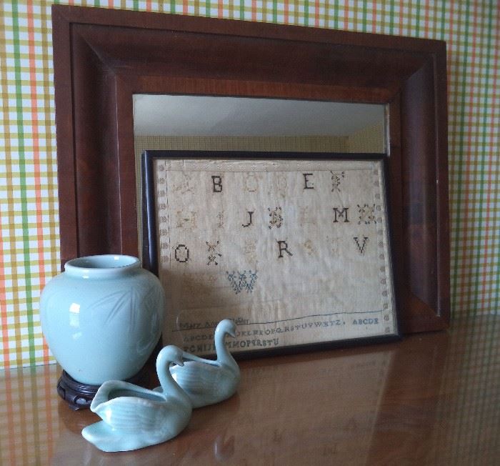 19th c. Ogee Mirror & Sampler Dated 1826
