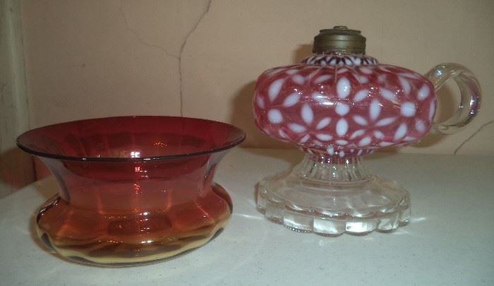 Amberina Bowl & Hobbs Cranberry Snowflake Oil Lamp