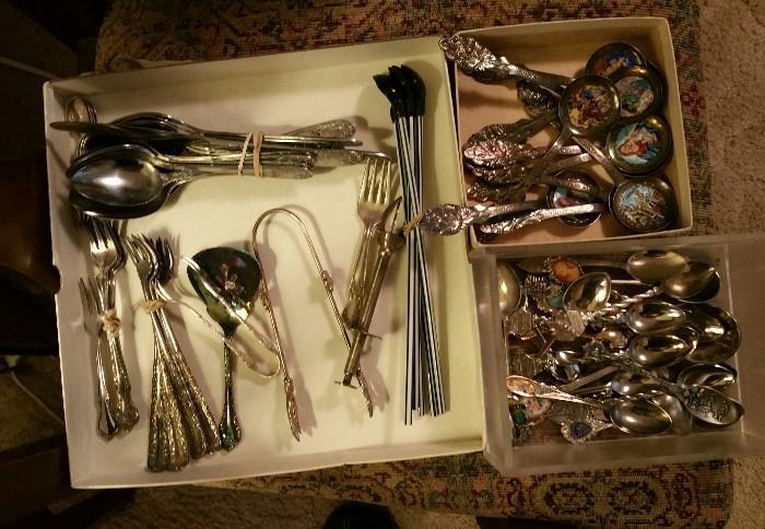 Silver plate flatware and collectible spoone