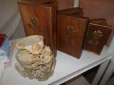 Wood & brass nesting boxes/carved soapstone vase