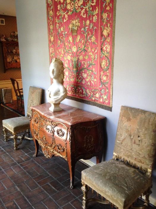 Gold gilt tapestry chairs, French marble top chest & beautiful carved Italian marble life size bust