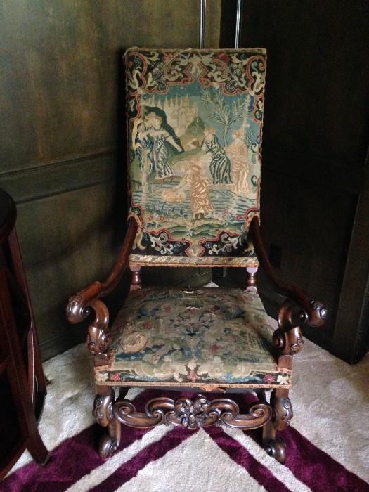Louis XIII carved armchairs. Pair with original tapestry upholstry