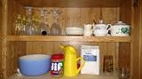 Wine glasses, mixing bowl, sugar and creamer containers