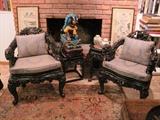 Antique, heavily carved  Rosewood Dragon & Turtle chairs and side tables.