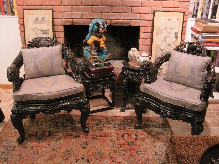 Antique, heavily carved  Rosewood Dragon & Turtle chairs and side tables.
