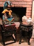 Large Foo Dog on stand.  Rosewood tables with marble insets.