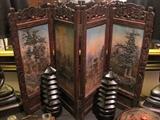 Antique 4 panel painted table screen. Wood carvings.