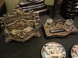 Antique letter holder and inkwell stand.