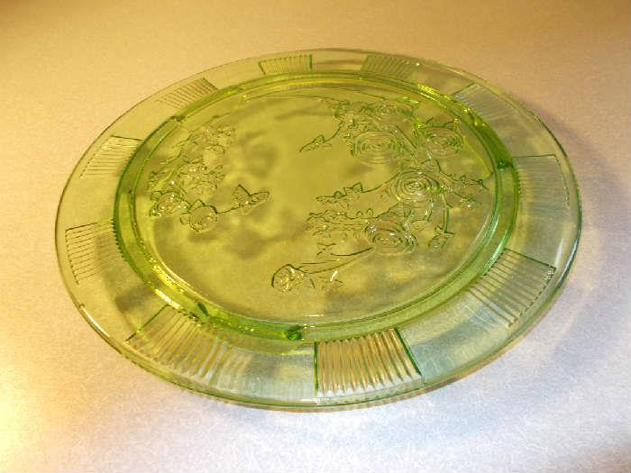 SHARON (Cabbage Rose) Green Depression Cake Plate - 3 toed - 11.5" across