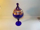 Cobalt Blue/Gold Trim Candy Jar on Pedestal - 13" Tall