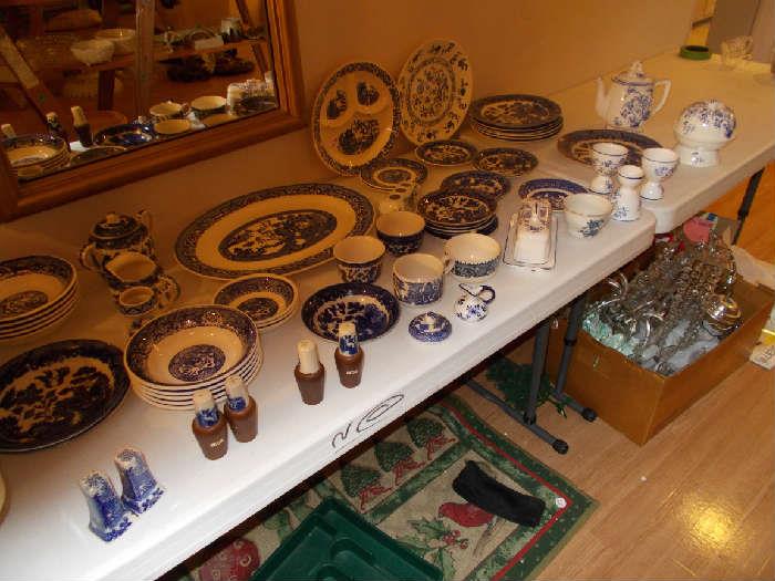 Blue Willow/Blue & White Dishes - Platter; Bowls; Cup/Saucers; Bread/Butters; Salt/Peppers (3 sets); Butter Dish; Egg Cups