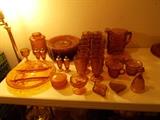 TIARA "Depression Glass" Dishes - Amber - 12 footed Glasses (12); Pitcher; 12 Dinner Plates; Cookie Jar; Salt/Pepper (2 sets); Powder Jar; Candle Holder; Bell; Divided Plate; Creamer/Sugar; Napkin Holder 