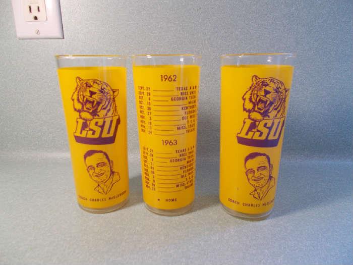 VINTAGE LSU Glasses - Coach Charles McClendon on one side - 1962 AND 1963 schedule on the other side - sold individually - A MUST for any serious LSU Collector!!!!!!! - 6.5" Tall