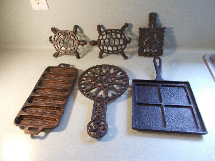 Sampling of Cast Iron - Corn Bread Maker; 4 Part Skillet; 1 LARGE/3 Small Trivets...LOTS of Cast Iron Pieces/Great Variety!!!!!!