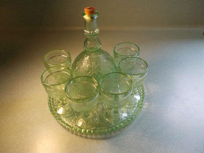 TIARA "Depression Glass" Wine Set - Decanter (with stopper); 6 Wine Glasses; Tray - Light Green - NICE Set!!!