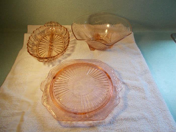 3 REALLY GOOD Pink Depression Pieces - Oyster & Pearl (left top) - Royal Lave Bowl (right top); Mayfair (!) on bottom - sold individually