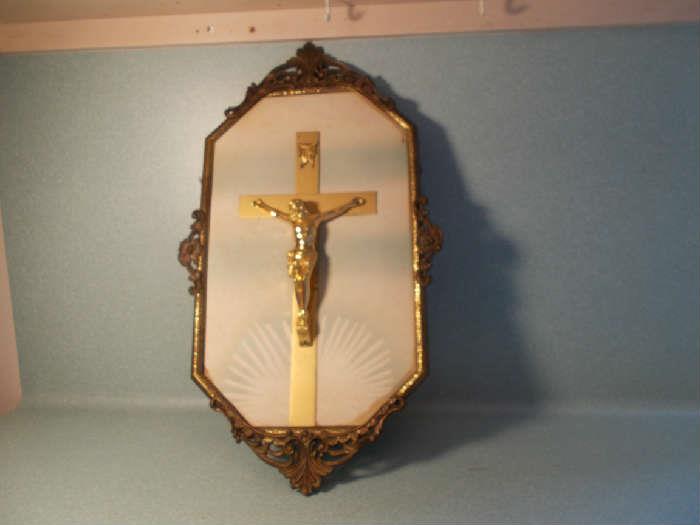 VINTAGE Brass Crucifix in Brass Frame - 12" X 20"