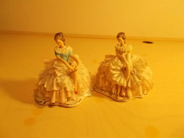 Dresden Art - Made in Germany - have 2 - sold individually - EXQUISITE - one with blue dress; one with yellow dress 
