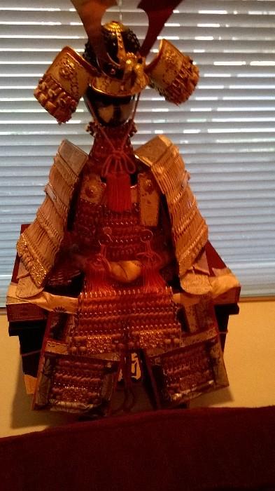 Samurai doll form on box, gilt metal 29 in ht