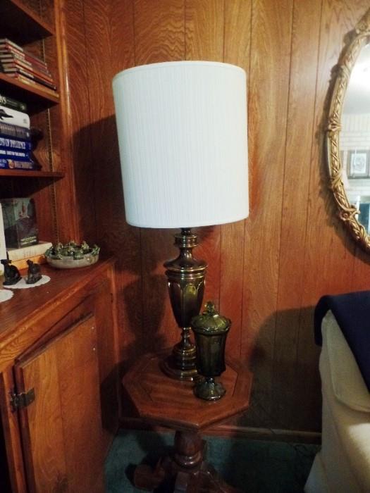 One of pair, heavy Brass lamps with new shades