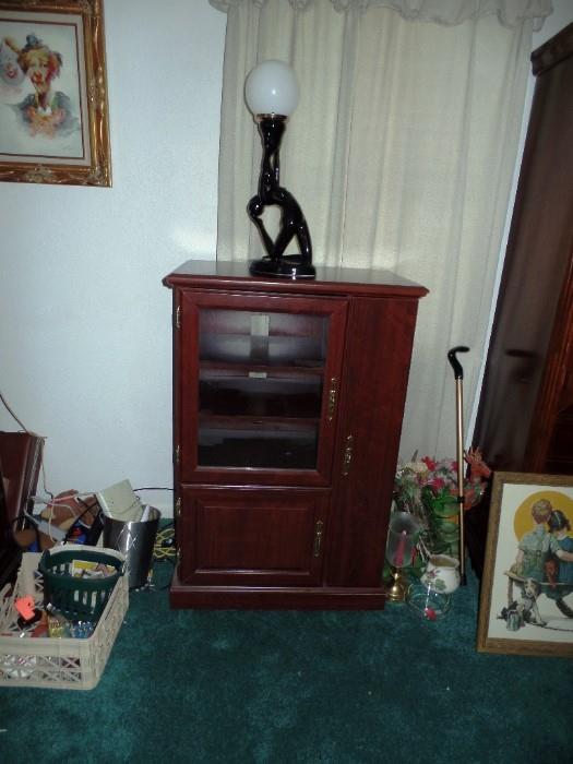 Smaller Cabinet for CD storage and collectibles, Art Deco style lamp 