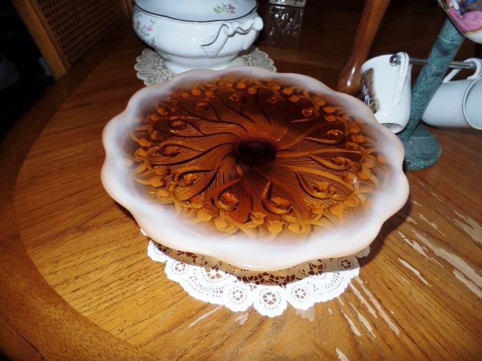 Unusual amber colored cake plate