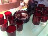 Red glass dining set- plates, bowls, water goblets & wine glasses